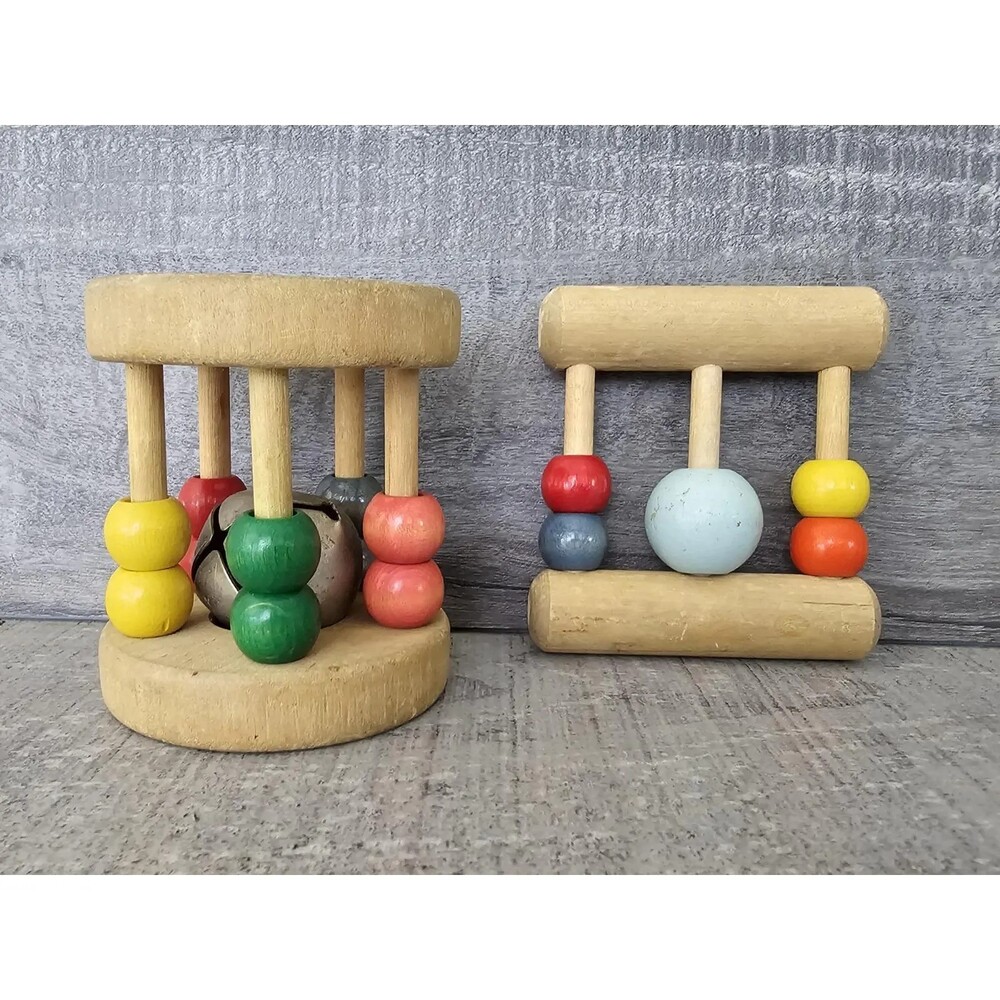 Vtg Wood Rolling Bell Rattle & Abacus Lot Montessori Baby Toddler Counting 5”